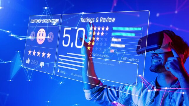 A user engages with a transparent digital interface displaying customer satisfaction ratings and reviews in a high-tech virtual reality environment. This scene showcases modern technology. Raster