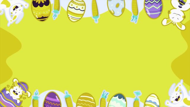 Animated Easter frame with bunnies carrots and decorated eggs on a yellow background