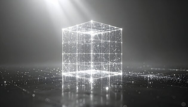 Futuristic glowing digital wireframe data cube with light rays on dark background representing blockchain database server technology, cyber concept