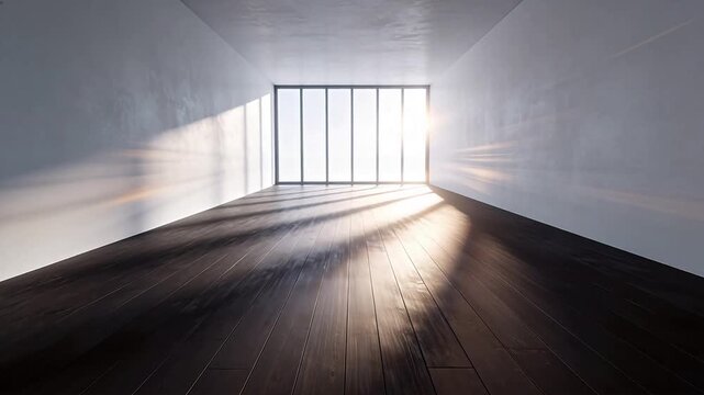Bright empty room with sunlight and large glass window