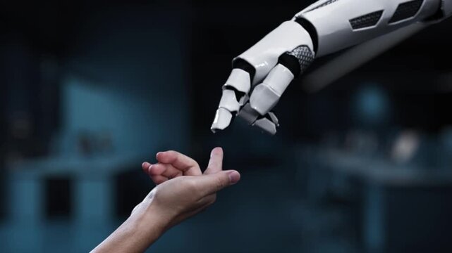A futuristic robotic hand reaches out toward digital graphics displaying Customer Relationship Management concepts, symbolizing technology role in modern business strategies. Synapse