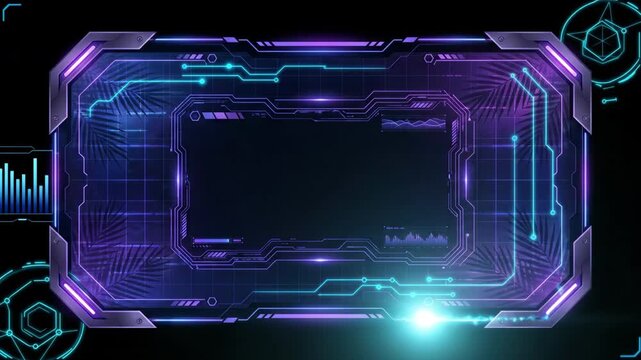 HUD neon interface glowing futuristic frame displaying digital technology graphics with cyber elements and bright light effects for modern sci fi video projects and visual design screens.