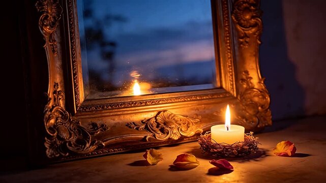 Vintage golden antique mirror with burning candle and flower petals