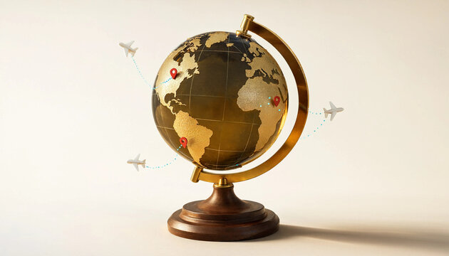 Global travel concept with miniature airplanes flying around golden globe marked with destination pins on wooden stand