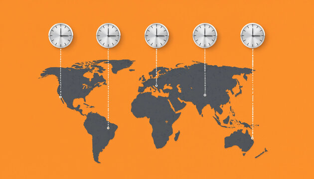 Global time zones concept with world map and clocks linked to continents showing international coordination