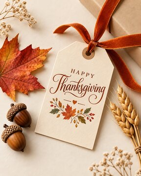 Happy thanksgiving gift tag with autumn maple leaf acorns and wheat on neutral background