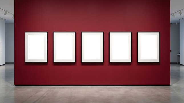Five blank white picture frames with black borders hanging on a vibrant red wall in a modern art gallery or museum exhibition space, ready for display