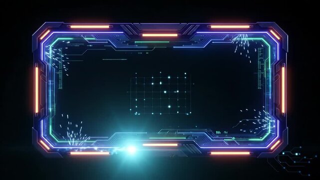 HUD neon interface glowing inside digital frame display, featuring cyber tech graphics and futuristic screen elements shining brightly against dark background.
