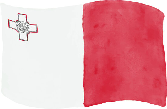 Hand drawn watercolor Malta flag with george cross emblem red and white watercolor vector illustration isolated on white background.