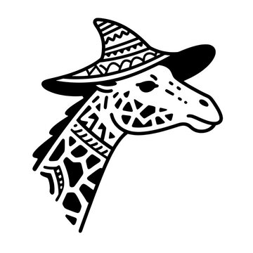 A striking black and white vector logo featuring a stylized giraffe wearing a traditional sombrero hat.