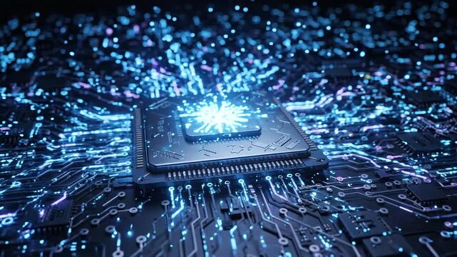 Artificial Intelligence Processor on Circuit Network AI processor glowing electronic circuitry dynamic light traces spreading outward. machine learning, automation, robotics, and high. 3D Illustration