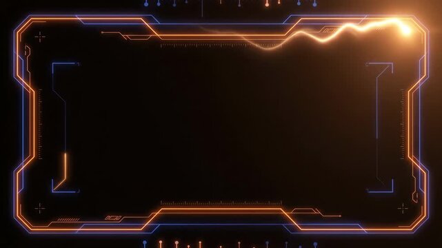 HUD, neon, interface glowing with bright orange light tracing digital frame boundaries inside dark cyber space, creating modern technology visual effects for sci fi projects.