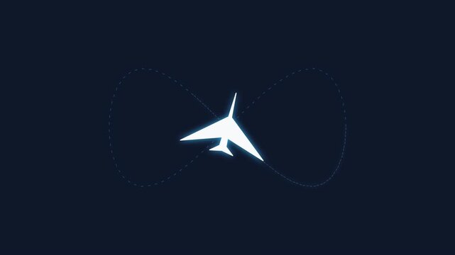 Dynamic 2D airplane mode icon morphing into a tiny paper aircraft, circling playfully before transforming back into the original symbol, clean vector animation.