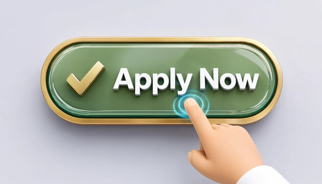 Hand pressing apply now button with checkmark symbol representing application submission concept