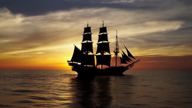Multi-masted sailing ship drifts across calm sea in dark silhouette at sunset, with raised sails and rigging framed against glowing orange horizon, layered clouds, and golden water reflections