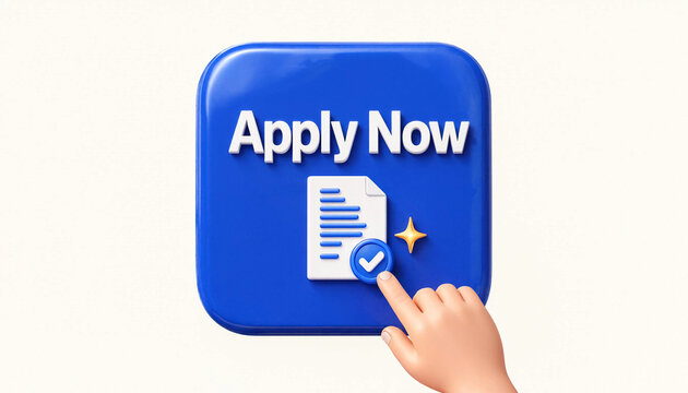 Hand pressing apply now button with document and checkmark symbol representing job application or online form submission concept