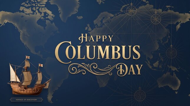 Columbus day greeting card with a ship, world map background, and elegant golden typography