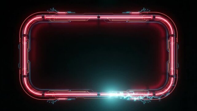 HUD neon interface glowing inside digital frame showing futuristic technology design while electric sparks travel across cyber space during dark sci fi motion background visualization.