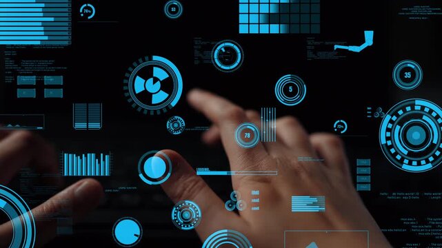 Close-up of hands interacting with transparent digital interface, showcasing advanced data analysis elements and vivid graphs against a dark background for technology visuals. Xenic