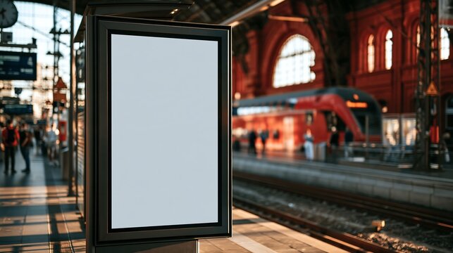 A blank vertical city light poster isolated on transparent background at a train station. Perfect for professional advertising mockups and outdoor marketing campaign designs.