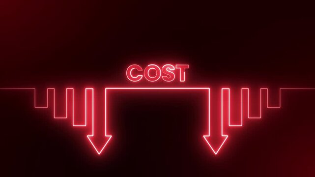 Glowing red cost animation featuring descending arrows and a declining chart on a black background, 4K video