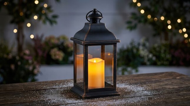 Decorative black metal lantern glows with warm candlelight sitting on a rustic wooden table surface outdoors