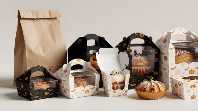 Halloween pastry box with croissants rolls and ghost cookies