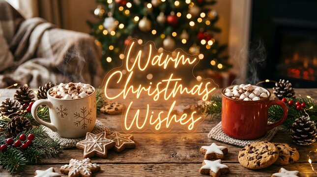 Cozy christmas scene with two mugs of hot cocoa, cookies, and pine cones on a rustic wooden table with a glowing neon sign saying warm christmas wishes