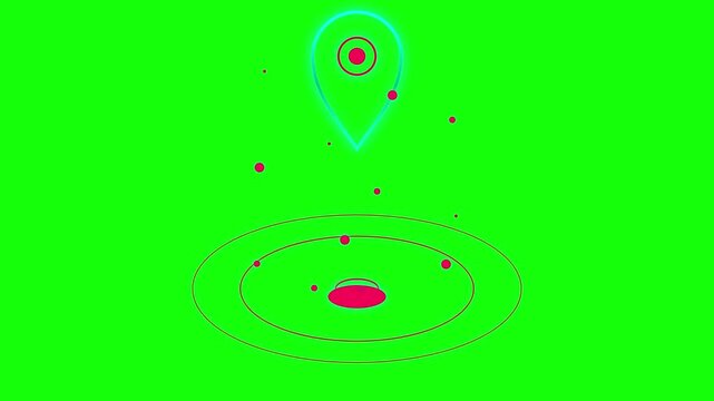 Neon map pin location marker animation with pulsing circles on green screen navigation geolocation satellite navigation