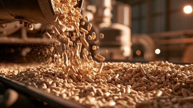 Wood pellets pouring from machine isolated on transparent background. Concept for sustainable biomass fuel and renewable energy industrial production.