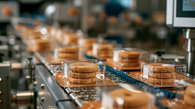 Packaged round cookies move along an industrial conveyor belt, isolated on transparent background. Represents automated food production and manufacturing processes.