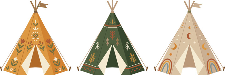 Boho Teepee Tent Vector Set featuring tribal patterns, botanical leaves, rainbows, and crescent moon elements for Scandinavian nursery decor, baby showers, and children playroom designs © MSTSULTANA