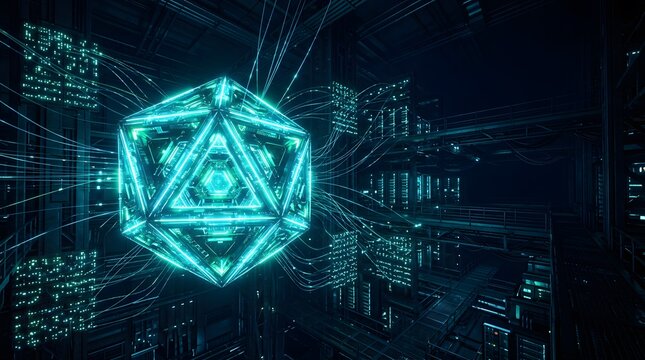 Illuminated dodecahedron with glowing lines floats within a digital network