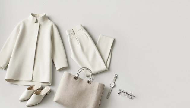 Minimalist women's fashion flat lay with cream coat pants bag shoes watch and glasses on white background