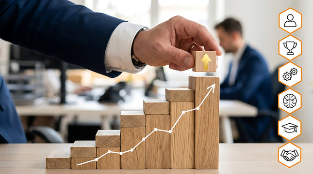 Businessman placing wooden block on growth chart