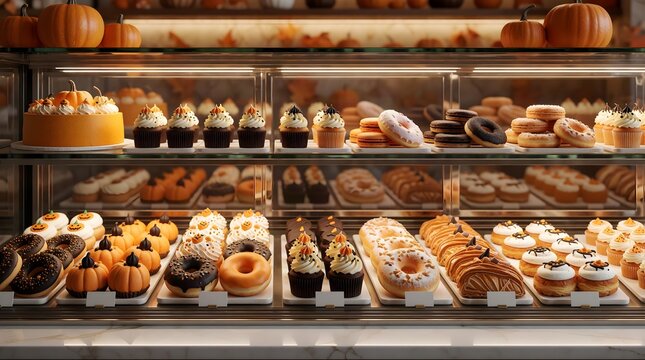 Halloween bakery display with assorted pastries and donuts