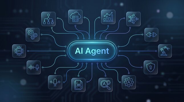 Technology graphic featuring agent hub with peripheral icons for cpu processing voice recognition and cloud data flow on dark blue background for modern business intelligence
