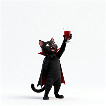 Cute black vampire cat raising a glass for Halloween