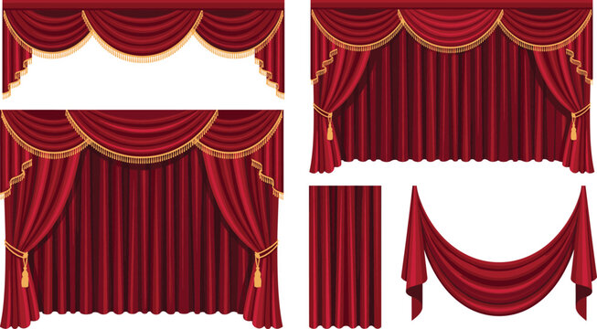 Ornate Red Velvet Stage Curtains and Premium Valance Set featuring elegant golden fringe tassels and dramatic drapery for royal theaters, opera shows, luxury events, and performance backgrounds