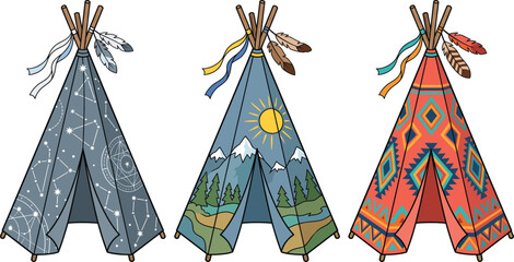 Tribal Teepee Tent Vector Set featuring celestial constellations, mountain landscape, and Aztec geometric patterns decorated with feathers and ribbons for outdoor adventure and native designs © MSTSULTANA