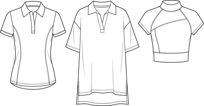 Set of women activewear polo shirts and cropped top technical fashion flat sketch vector template.