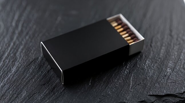 Minimalist Matte Black Matchbox Mockup on Dark Textured Slate Background, Open Blank Cardboard Match Box with Wooden Safety Matchsticks for Branding Design and Product Presentation Portfolio