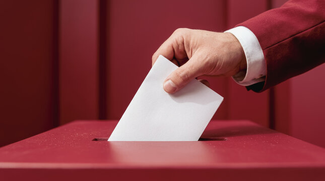 Person in red suit casting a ballot into a red box