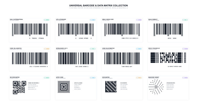 Universal barcode and data matrix collection, vector set of 1d and 2d industrial and logistics scanning codes