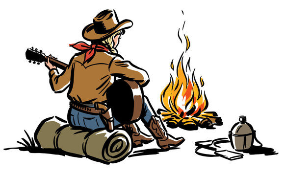 Illustration of a Person in a Hat Playing Guitar by a Campfire