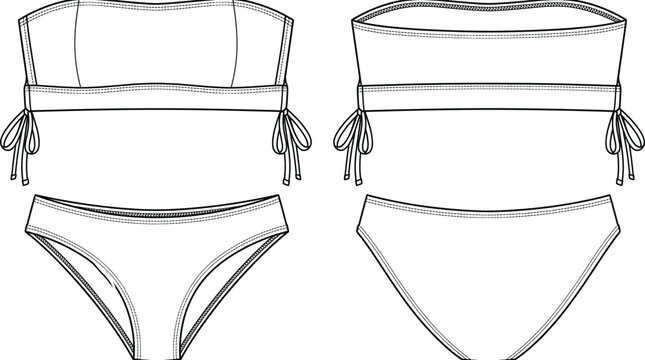 Vector technical flat sketch of womens bandeau bikini swimsuit set showing front and back views.