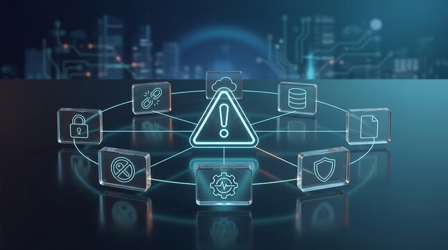 Digital warning sign with various security and data icons connected by glowing lines in dark server room representing cloud infrastructure protection and enterprise cybersecurity system