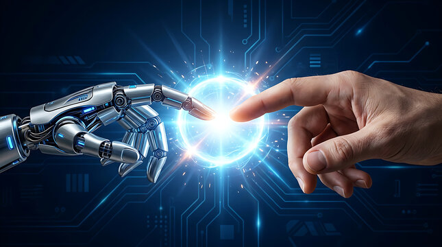 Robot hand and human hand touching light sphere