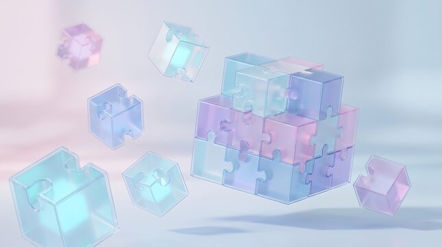 Abstract translucent cubic puzzle structure floating in a serene light environment representing modular business growth and innovative strategic planning for modern corporate success