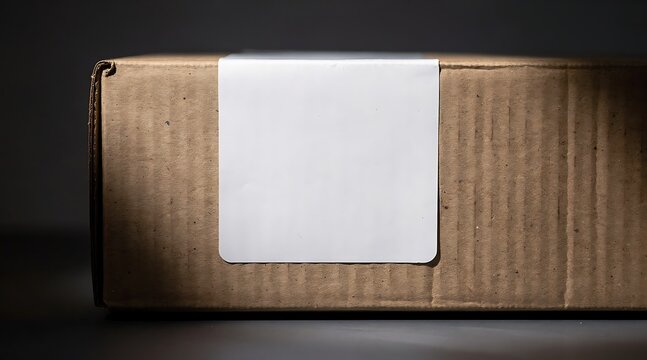 Close-up of a brown corrugated cardboard box with a blank white adhesive label, ideal for shipping mockup, logistics, e-commerce purchase order delivery, and parcel tracking concept.
